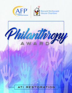ATI Restoration Philanthropy Award, Association of Fundraising Professionals and Ronald McDonald House Charities logos. Image features stylized hands with hearts.