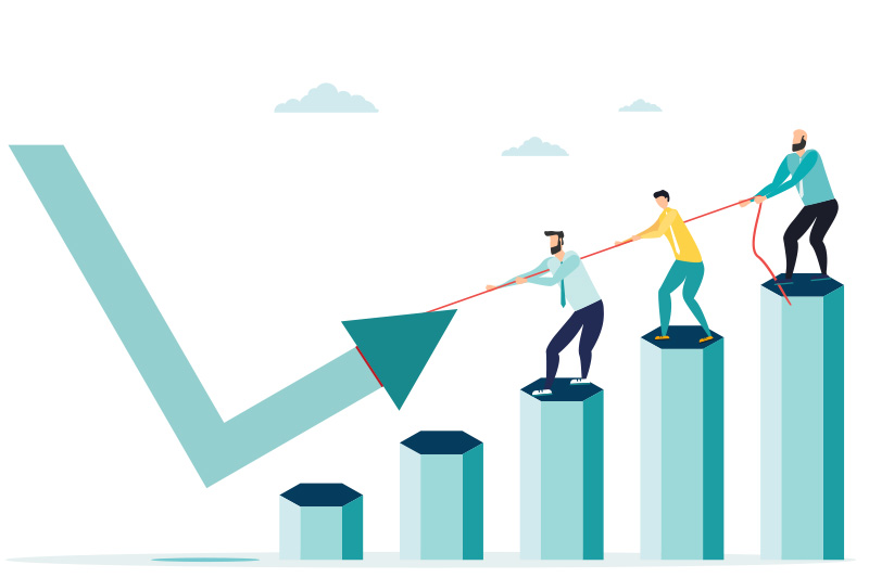 Three businessmen collaboratively pull a falling graph arrow upwards, signifying a collective effort to reverse a negative trend.