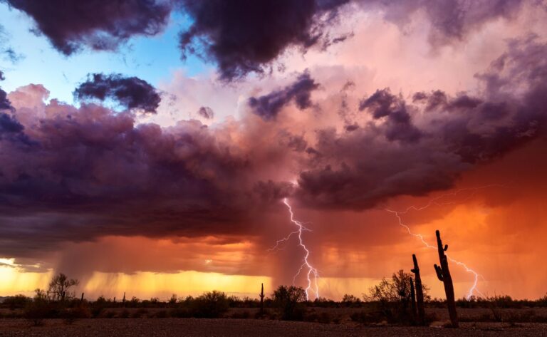 Dramatic sunset with lightning striking near silhouetted cacti in a desert landscape.