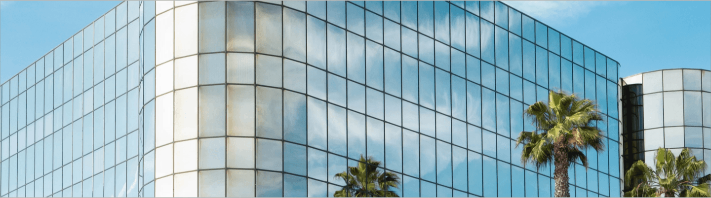 building and palm trees