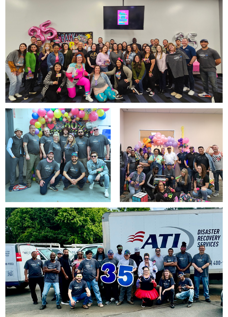 ATI employees celebrating 35 years with photos from three different 80s-themed parties.