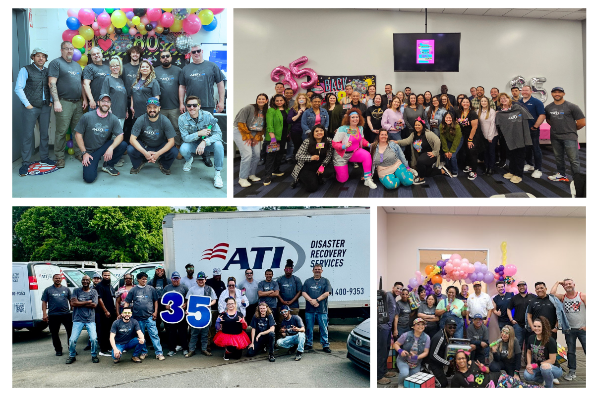Collage of photos showing ATI employees celebrating in 80s themed attire.