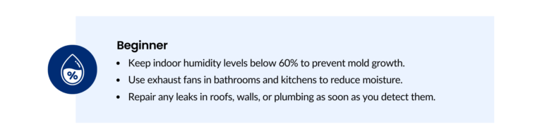 Beginner tips to prevent mold: keep indoor humidity below 60%, use exhaust fans, and repair leaks.