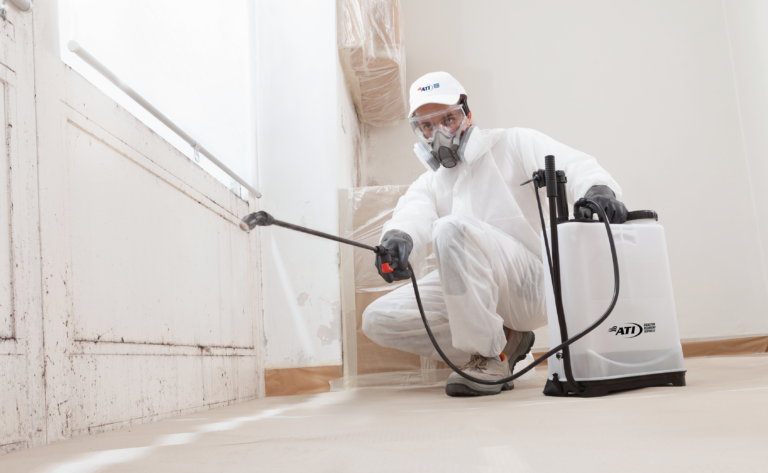 Person in protective gear spraying a wall with a pump sprayer.